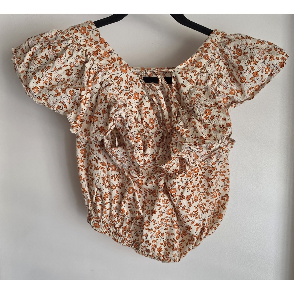 Luna Moon Womens L Boho Floral Blouse Orange White Square Neck Cotton Top Shirt